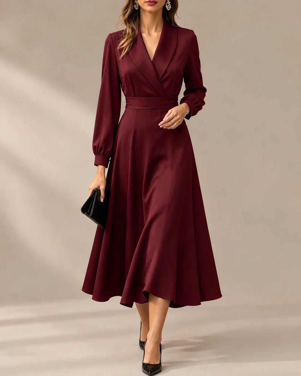 Shawl Collar Wrap Front Long Sleeve Flared Midi Dress | Oyese