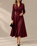 Shawl Collar Wrap Front Long Sleeve Flared Midi Dress | Oyese