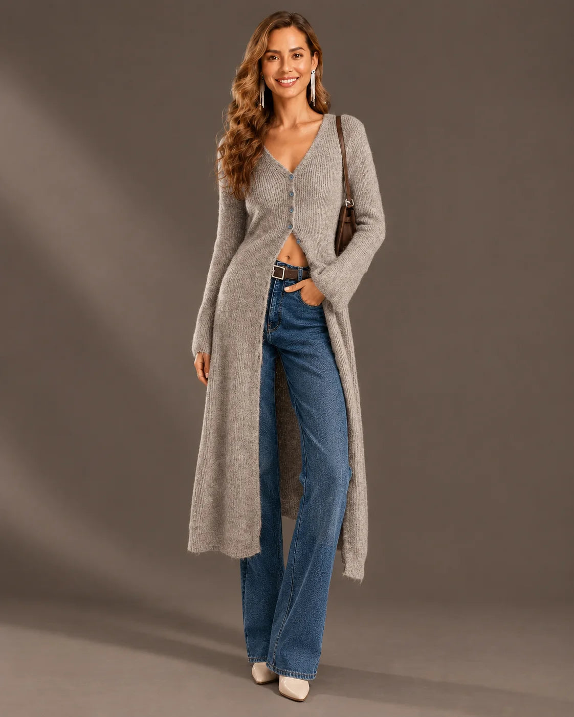 V-Neck Button Front Longline Ribbed Knit Cardigan | Oyese