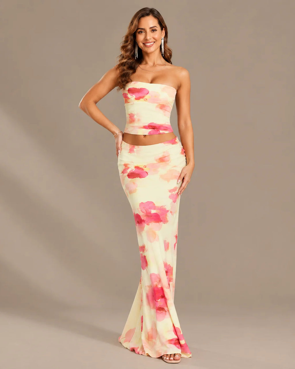 Watercolor Floral Strapless Top and Maxi Skirt Two Piece Set | Oyese