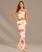 Watercolor Floral Strapless Top and Maxi Skirt Two Piece Set | Oyese