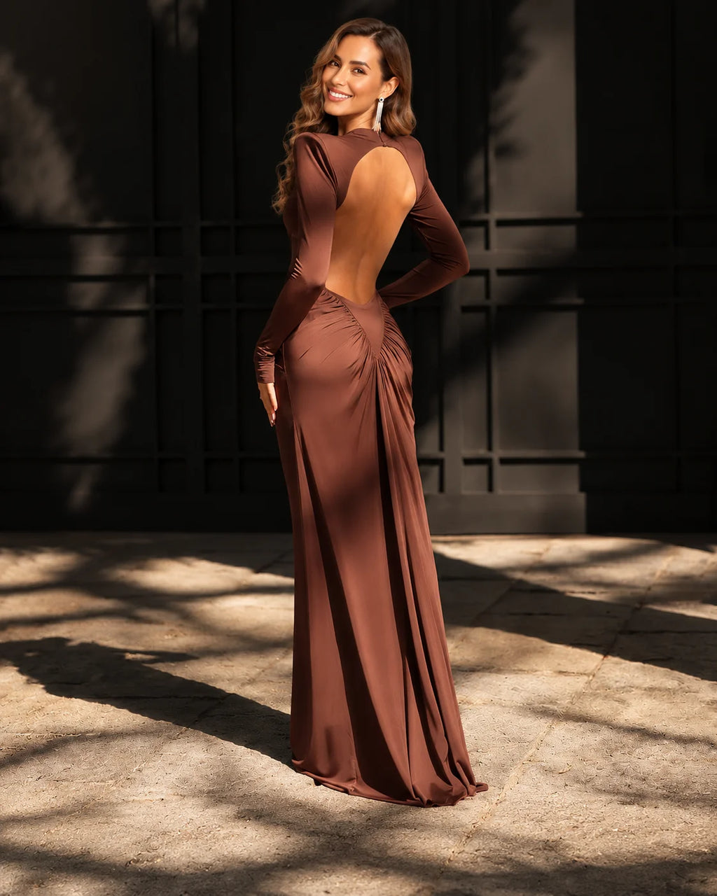 High Neck Long Sleeve Ruched Maxi Dress with Waist Cutouts | Oyese