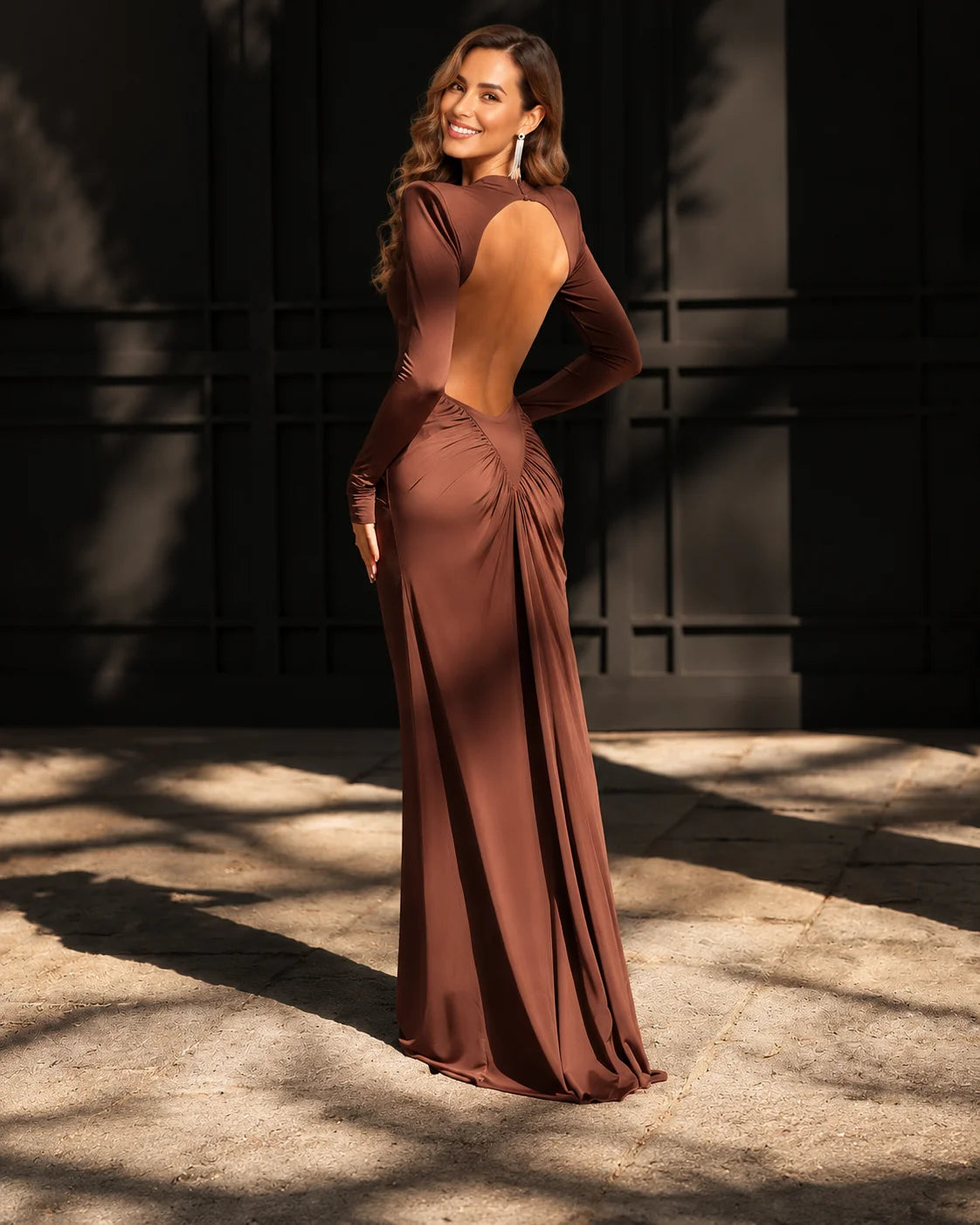 High Neck Long Sleeve Ruched Maxi Dress with Waist Cutouts | Oyese