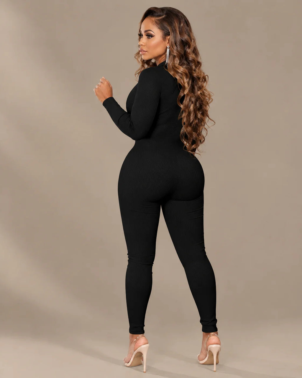 Ribbed Knit Zip-Front Long Sleeve Bodycon Jumpsuit | Oyese