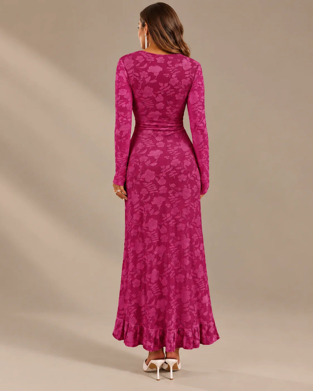 Long Sleeve Floral Lace Asymmetric Ruffle Slit Maxi Dress | Oyese