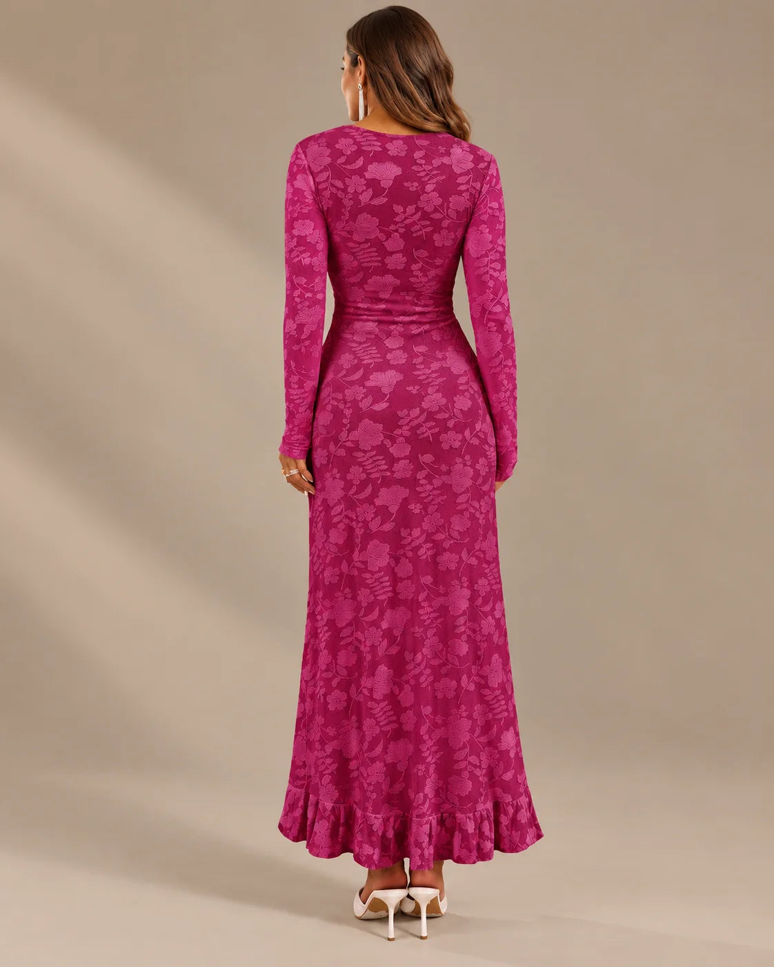 Long Sleeve Floral Lace Asymmetric Ruffle Slit Maxi Dress | Oyese
