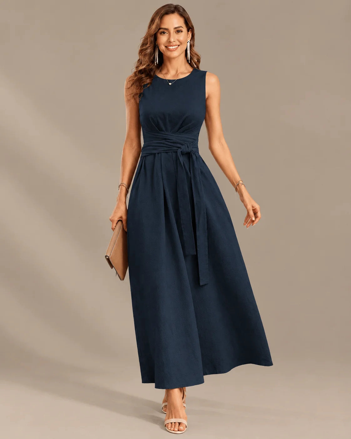 Round Neck Tie Waist Relaxed Maxi Dress – Sleeveless Textured Casual Dress | Oyese