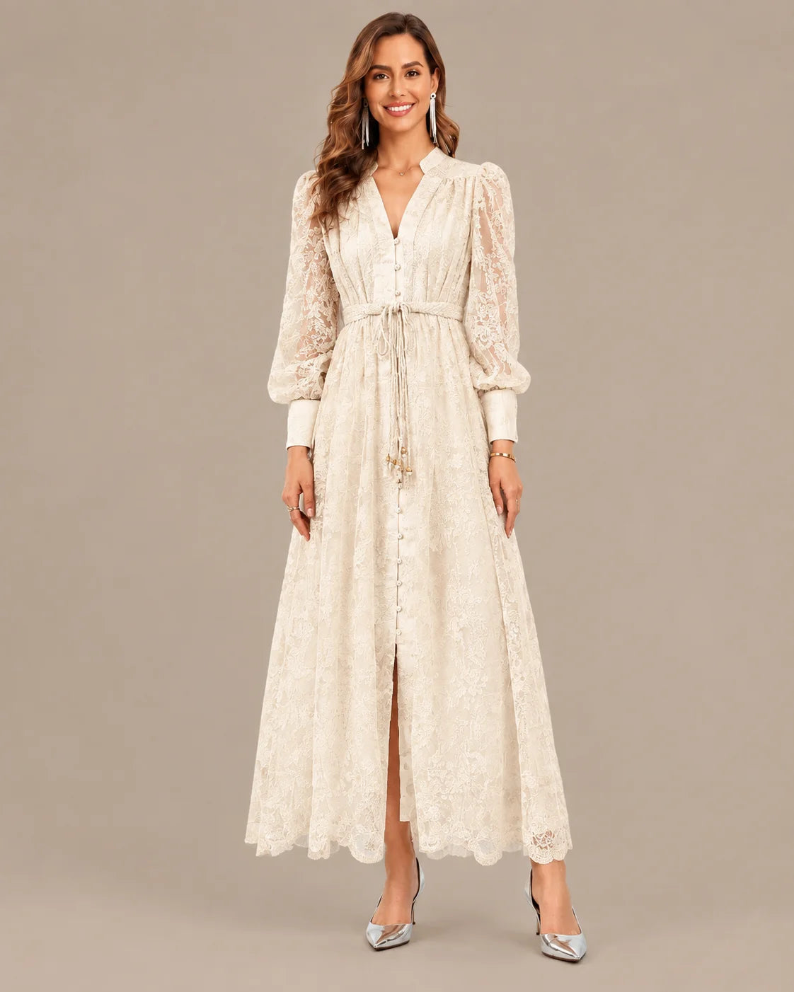 V-Neck Lace Lantern Sleeve Tasseled Belt Midi Dress | Oyese