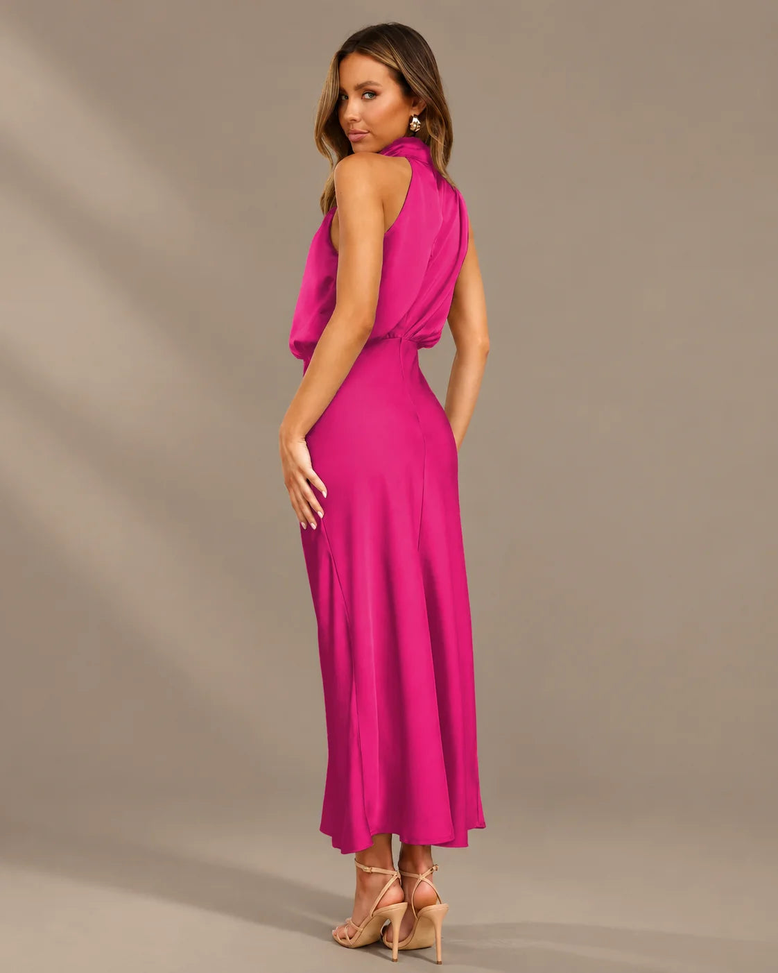 Halter Cowl Neck Draped Satin Midi Dress | Oyese