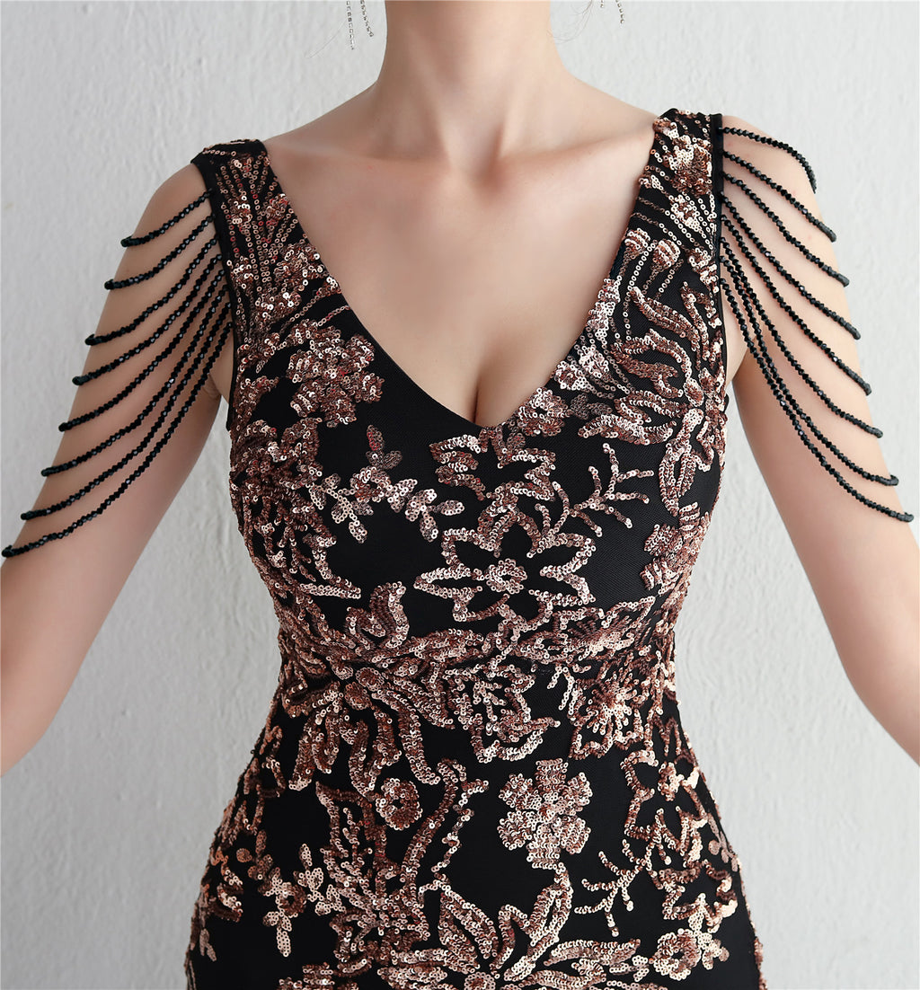 V-Neck Floral Sequin Embroidered Mermaid Evening Gown | Oyese