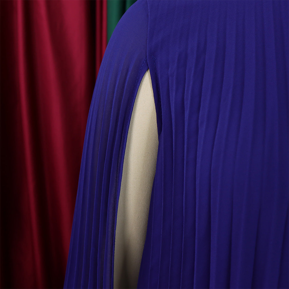 Mock Neck Pleated Chiffon Cape Shift Dress | Oyese