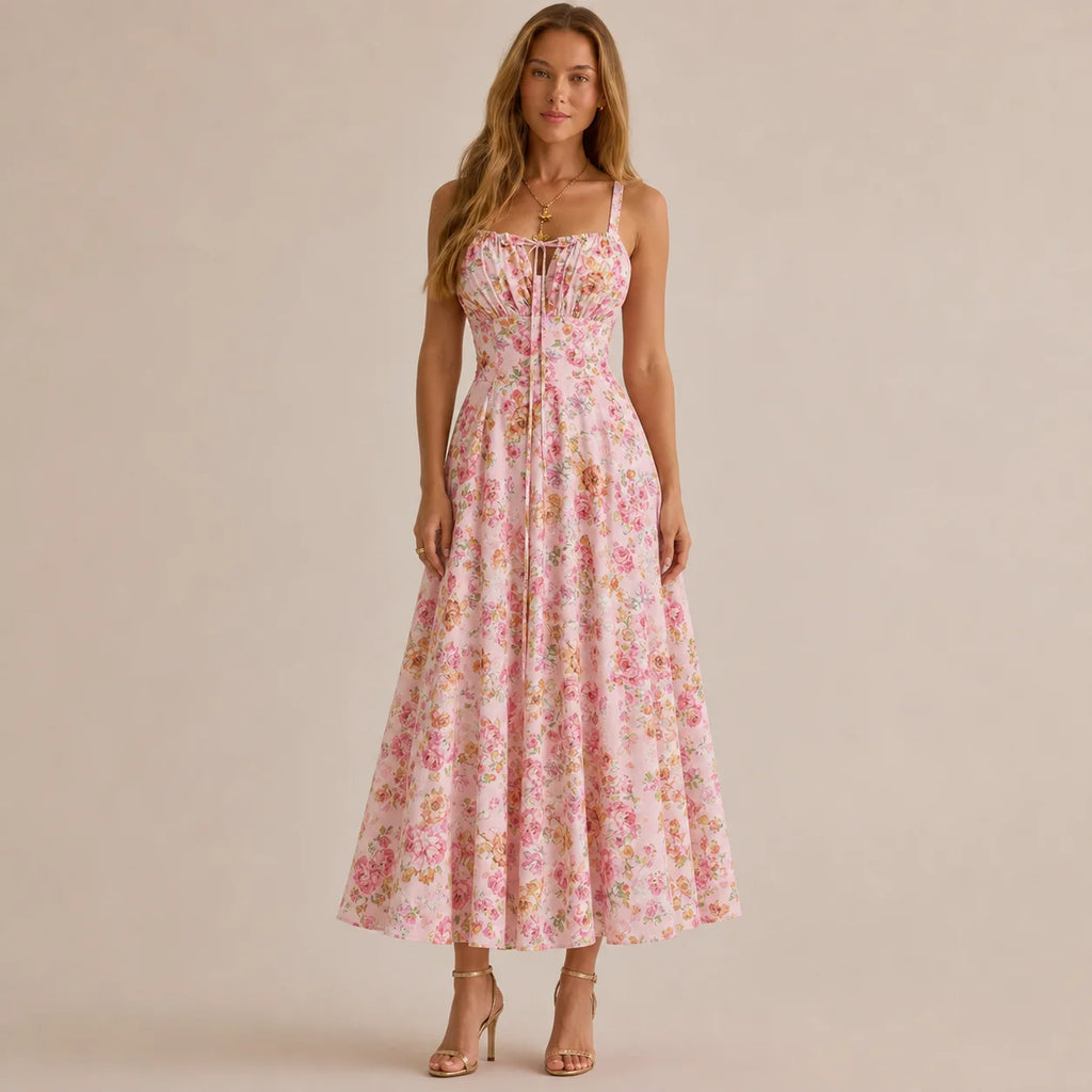 Square Neck Tie Front A-Line Midi Dress – Floral & Solid Summer Dress | Oyese
