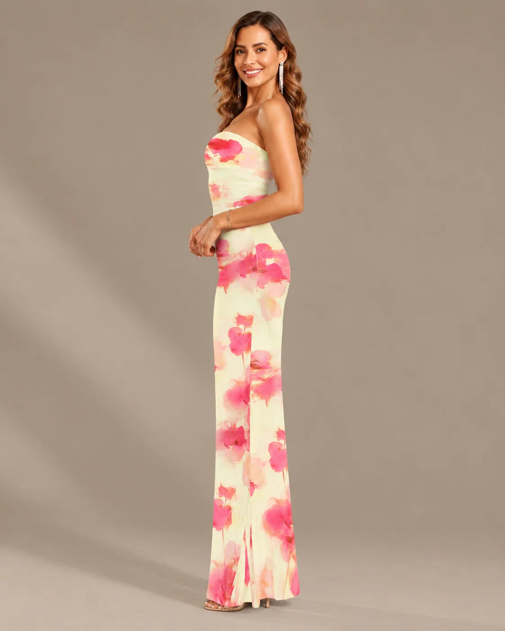 Watercolor Floral Strapless Top and Maxi Skirt Two Piece Set | Oyese