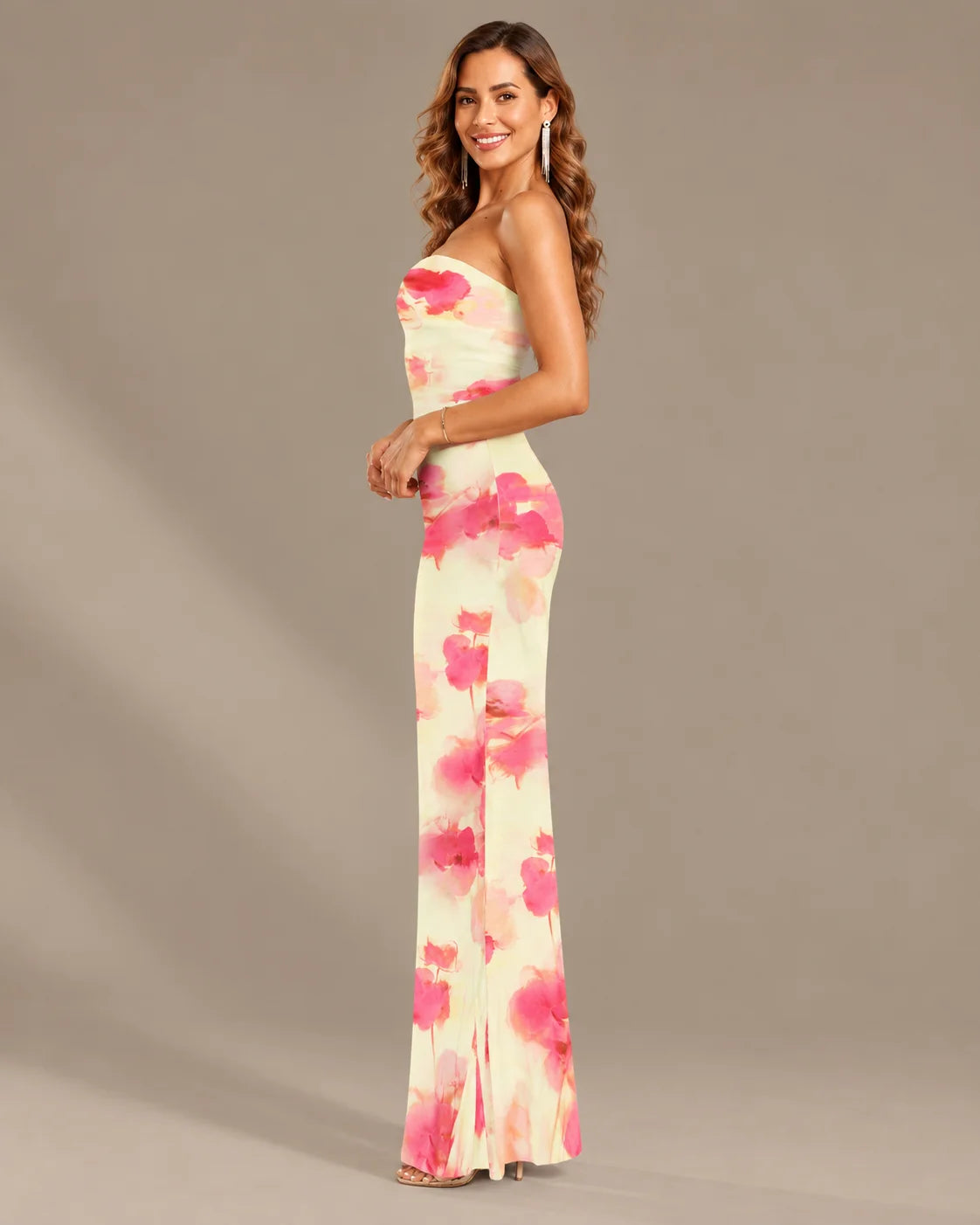 Watercolor Floral Strapless Top and Maxi Skirt Two Piece Set | Oyese