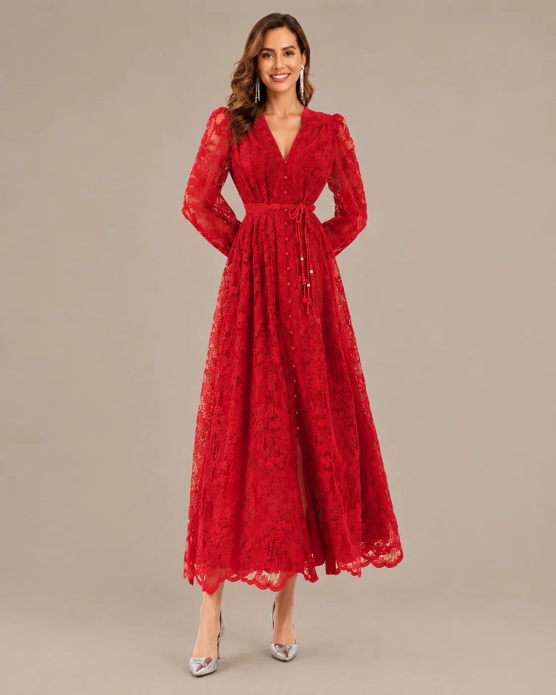 V-Neck Lace Lantern Sleeve Tasseled Belt Midi Dress | Oyese