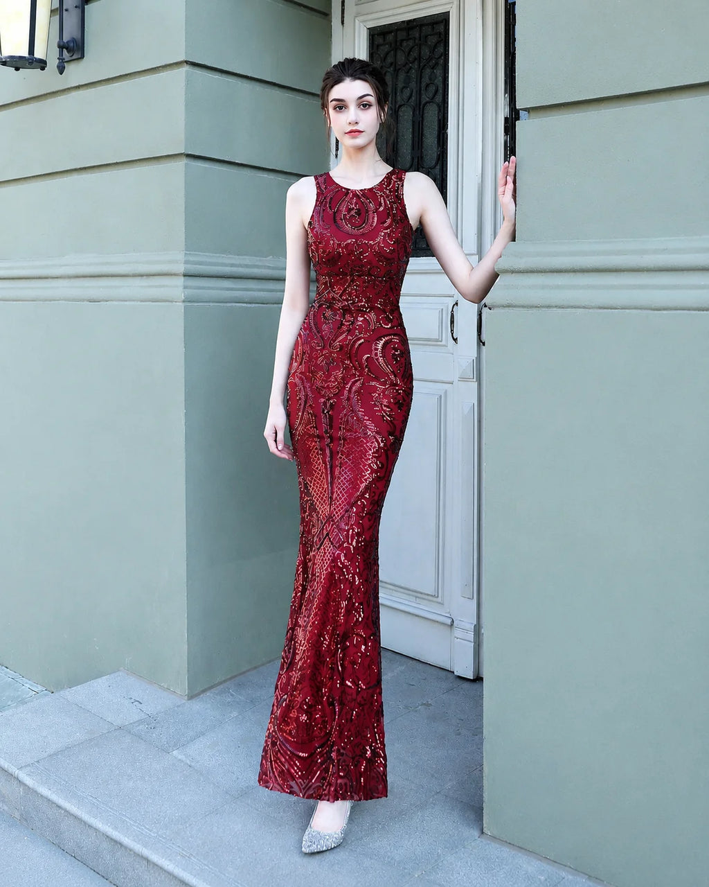Art Deco Sequin Mermaid Evening Gown - Round Neck | Oyese