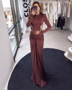 High Neck Long Sleeve Ruched Maxi Dress with Waist Cutouts | Oyese