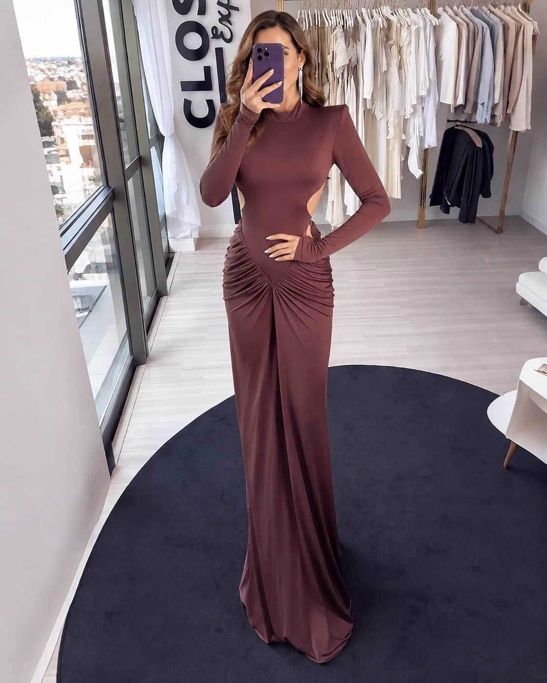 High Neck Long Sleeve Ruched Maxi Dress with Waist Cutouts | Oyese