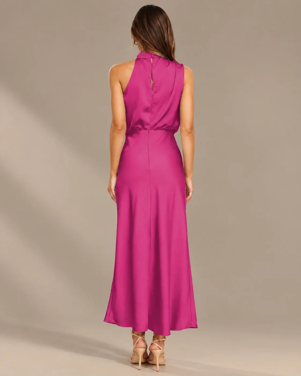 Halter Cowl Neck Draped Satin Midi Dress | Oyese