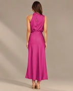 Halter Cowl Neck Draped Satin Midi Dress | Oyese