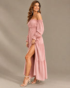 Boho Off-Shoulder Long Sleeve Tiered Maxi Dress with Side Slit | Oyese