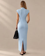 Funnel Neck Power Shoulder Sheath Midi Dress | Oyese