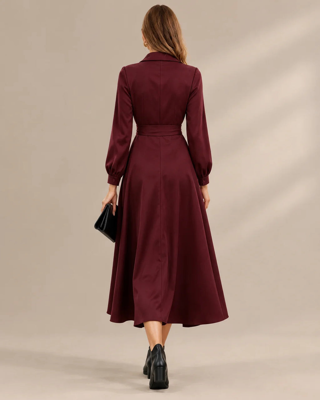 Shawl Collar Wrap Front Long Sleeve Flared Midi Dress | Oyese