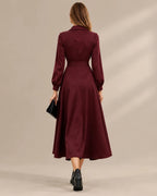 Shawl Collar Wrap Front Long Sleeve Flared Midi Dress | Oyese