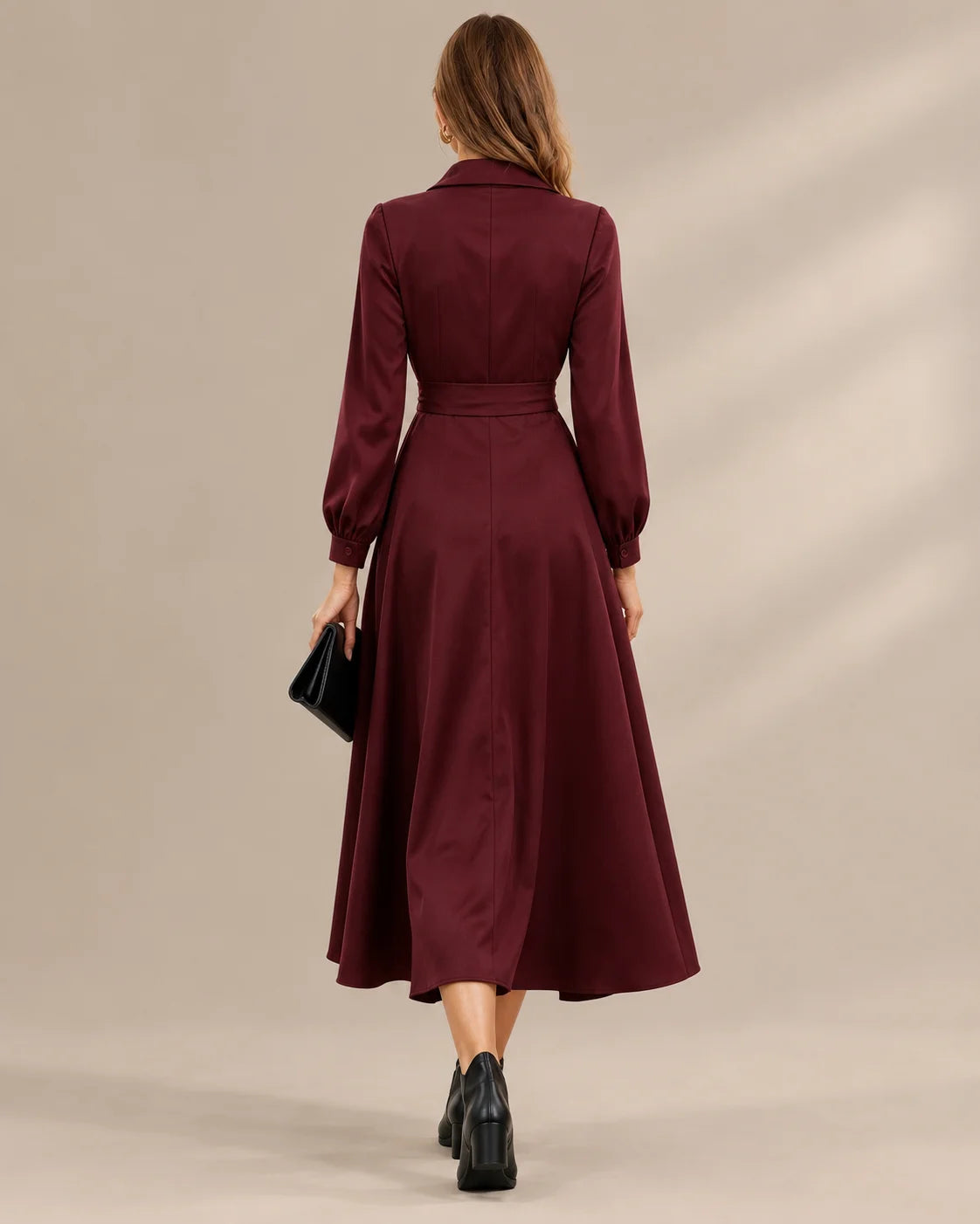 Shawl Collar Wrap Front Long Sleeve Flared Midi Dress | Oyese