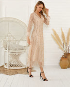 V-Neck Long Sleeve Sequin Fringe Mesh Midi Dress | Oyese