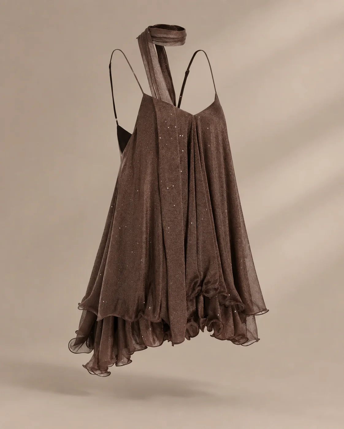 Chiffon Cami Mini Dress with Neck Scarf – Loose Ruffle Hem Party Dress | Oyese