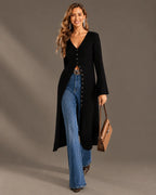 V-Neck Button Front Longline Ribbed Knit Cardigan | Oyese