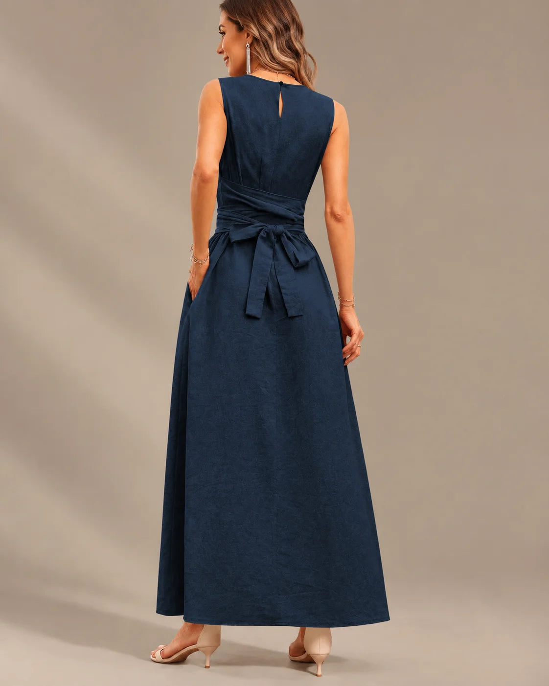 Round Neck Tie Waist Relaxed Maxi Dress – Sleeveless Textured Casual Dress | Oyese