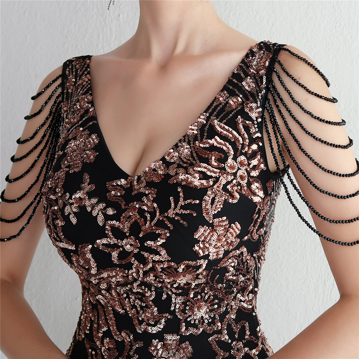 V-Neck Floral Sequin Embroidered Mermaid Evening Gown | Oyese