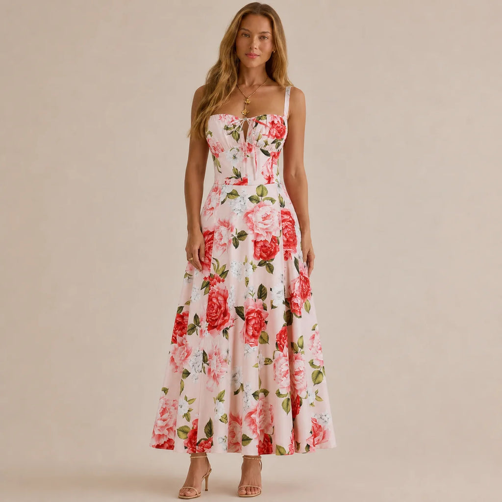 Square Neck Tie Front A-Line Midi Dress – Floral & Solid Summer Dress | Oyese