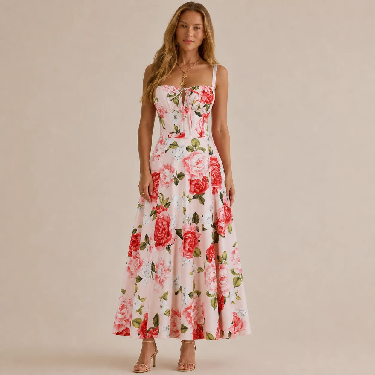 Square Neck Tie Front A-Line Midi Dress – Floral & Solid Summer Dress | Oyese