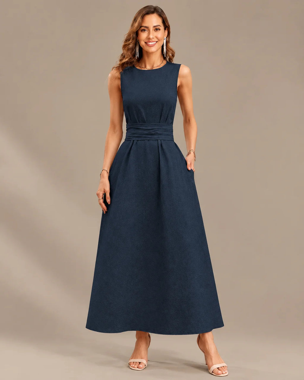 Round Neck Tie Waist Relaxed Maxi Dress – Sleeveless Textured Casual Dress | Oyese