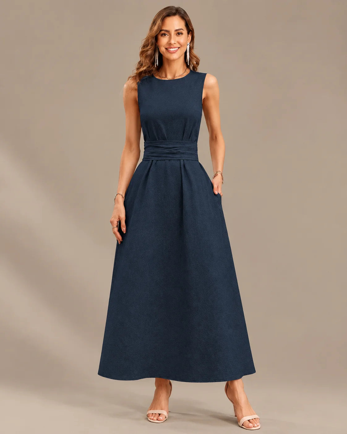 Round Neck Tie Waist Relaxed Maxi Dress – Sleeveless Textured Casual Dress | Oyese