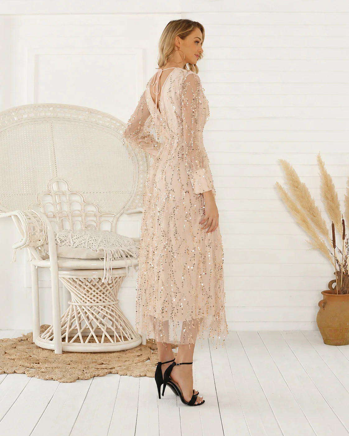V-Neck Long Sleeve Sequin Fringe Mesh Midi Dress | Oyese