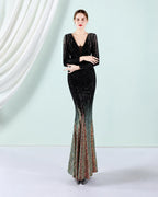 Deep V Long Sleeve Ombre Sequin Mermaid Evening Gown | Oyese