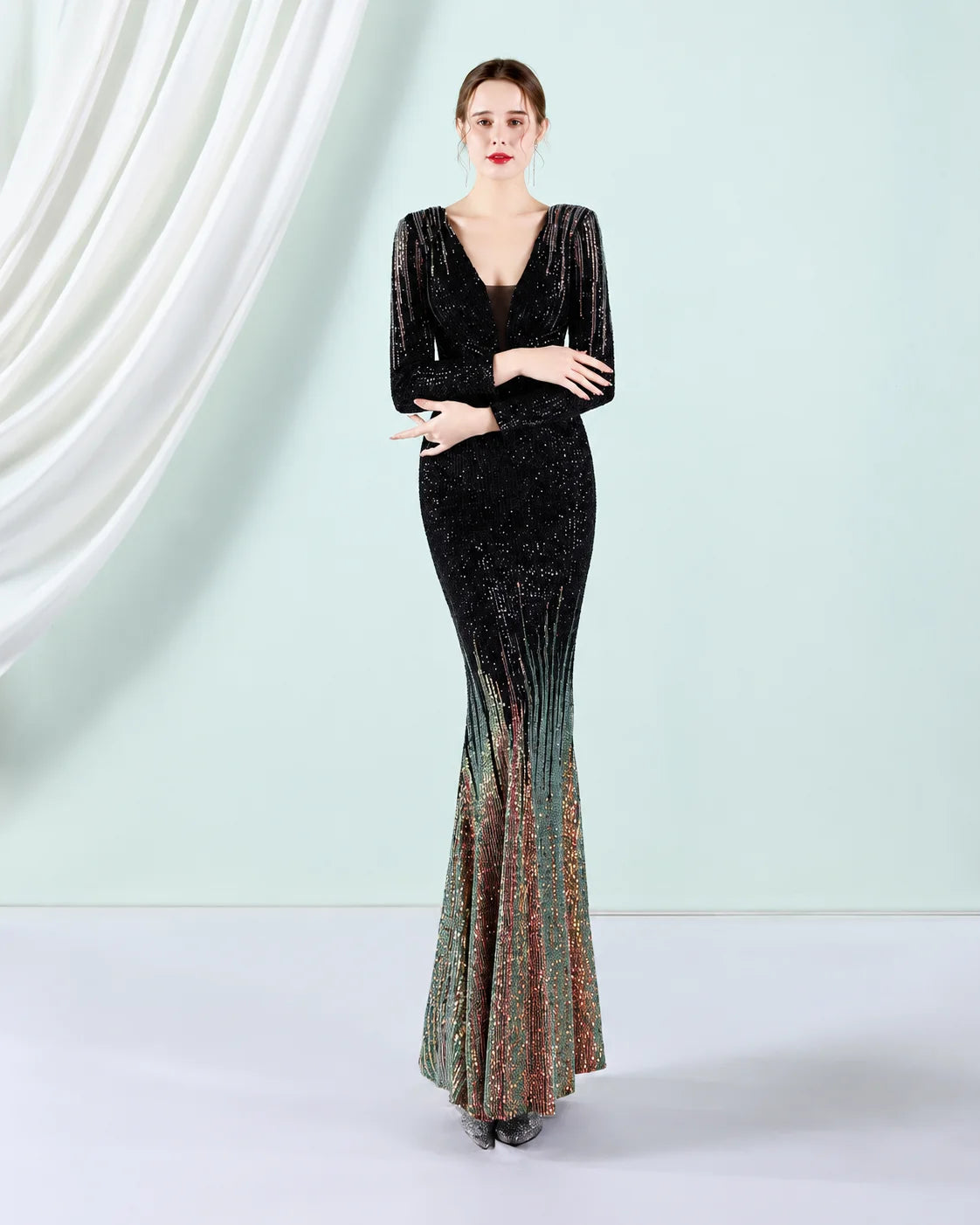 Deep V Long Sleeve Ombre Sequin Mermaid Evening Gown | Oyese