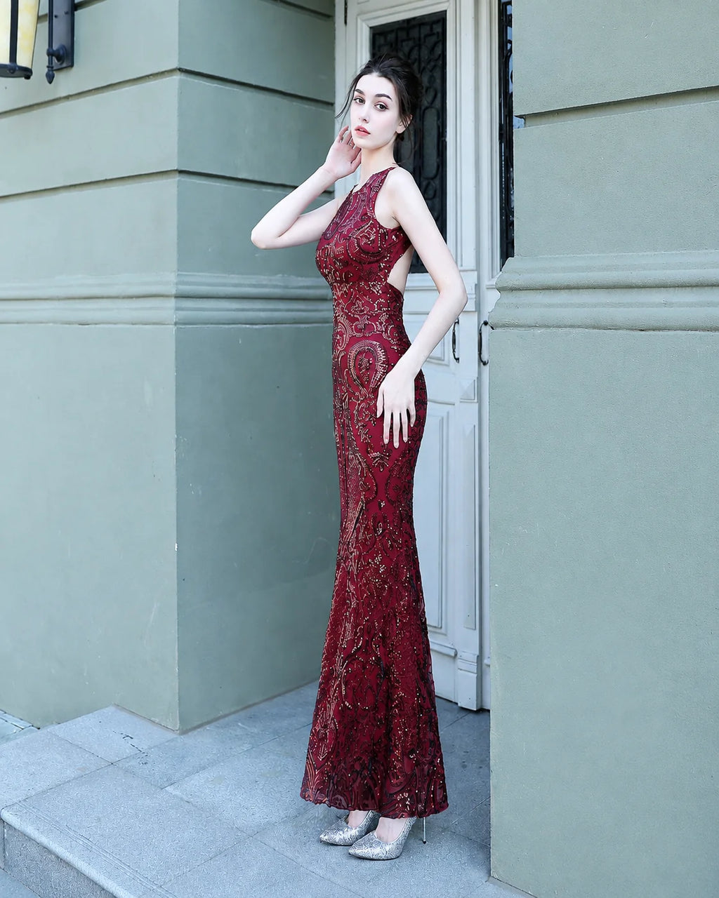 Art Deco Sequin Mermaid Evening Gown - Round Neck | Oyese