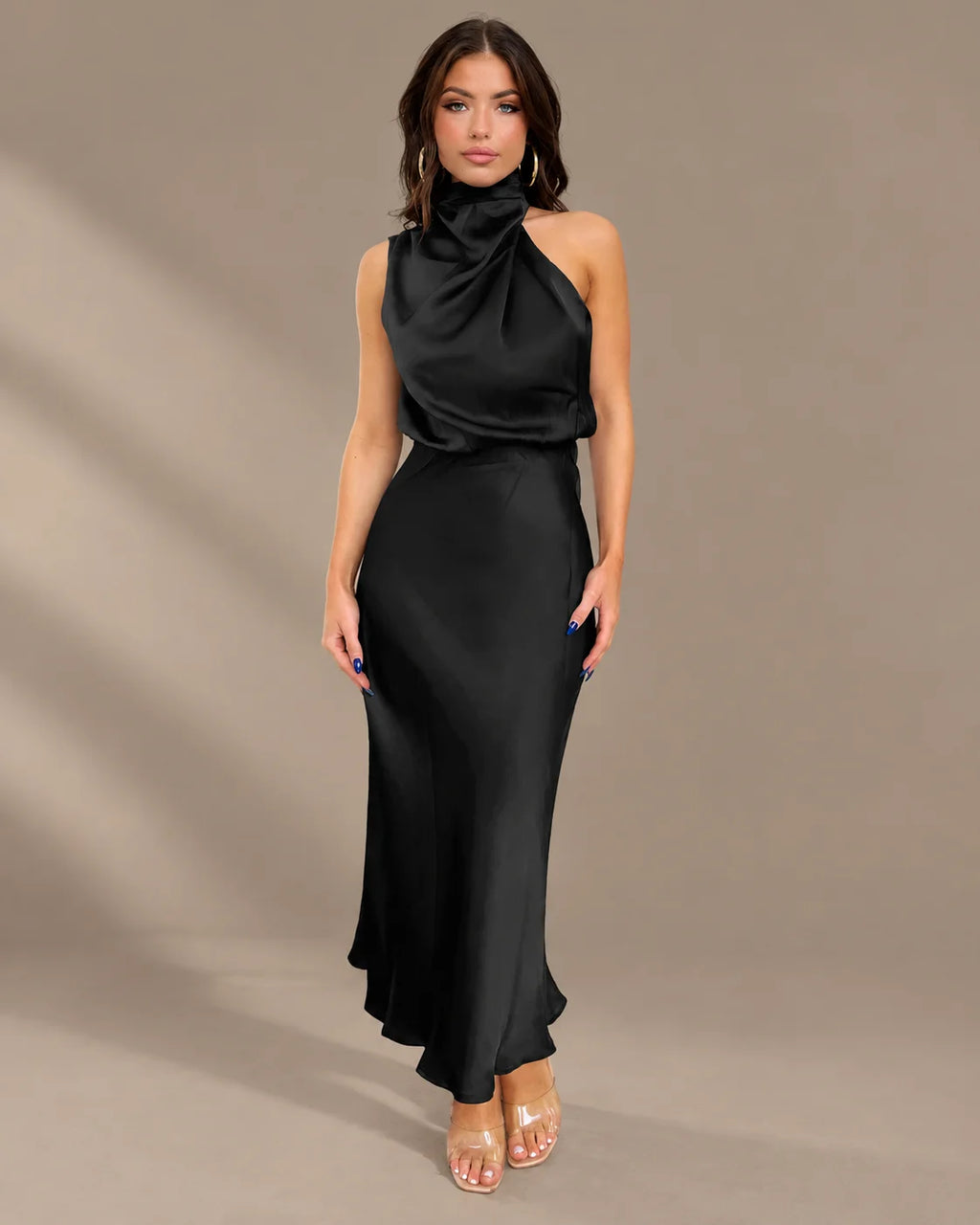 Halter Cowl Neck Draped Satin Midi Dress | Oyese