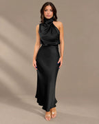 Halter Cowl Neck Draped Satin Midi Dress | Oyese