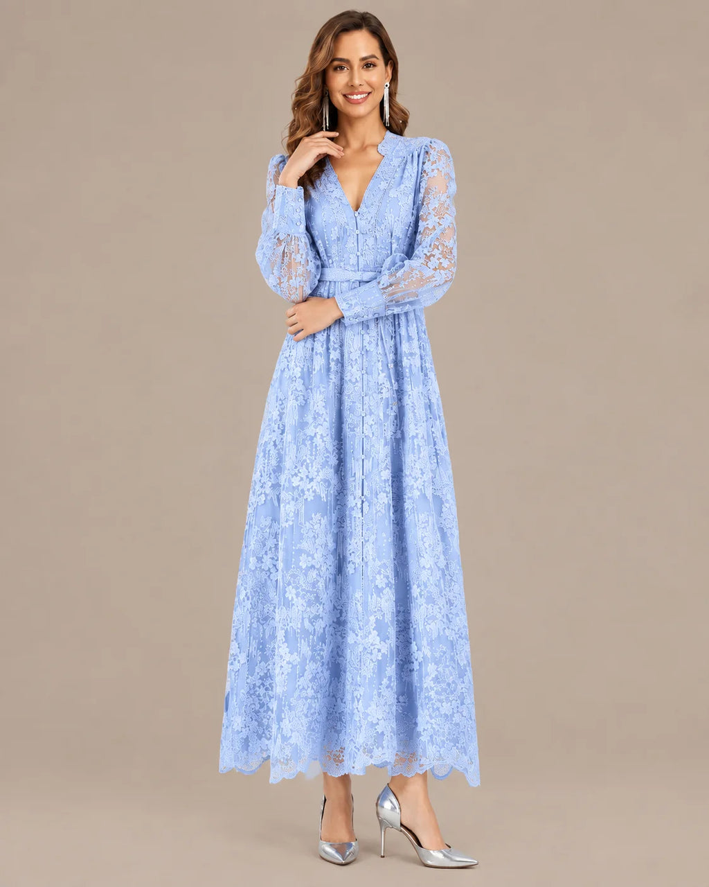 V-Neck Lace Lantern Sleeve Tasseled Belt Midi Dress | Oyese
