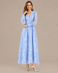 V-Neck Lace Lantern Sleeve Tasseled Belt Midi Dress | Oyese
