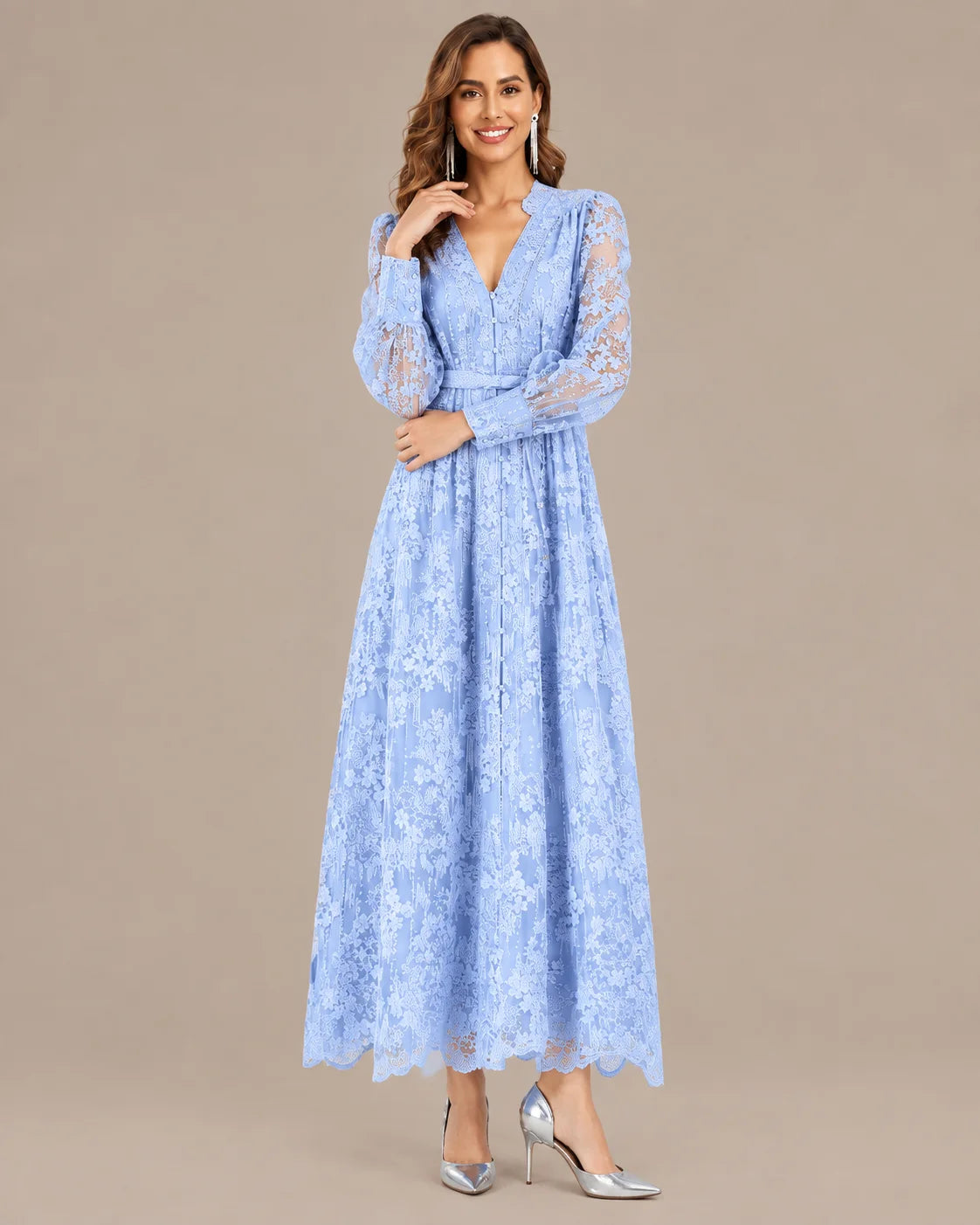 V-Neck Lace Lantern Sleeve Tasseled Belt Midi Dress | Oyese