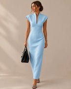 Funnel Neck Power Shoulder Sheath Midi Dress | Oyese