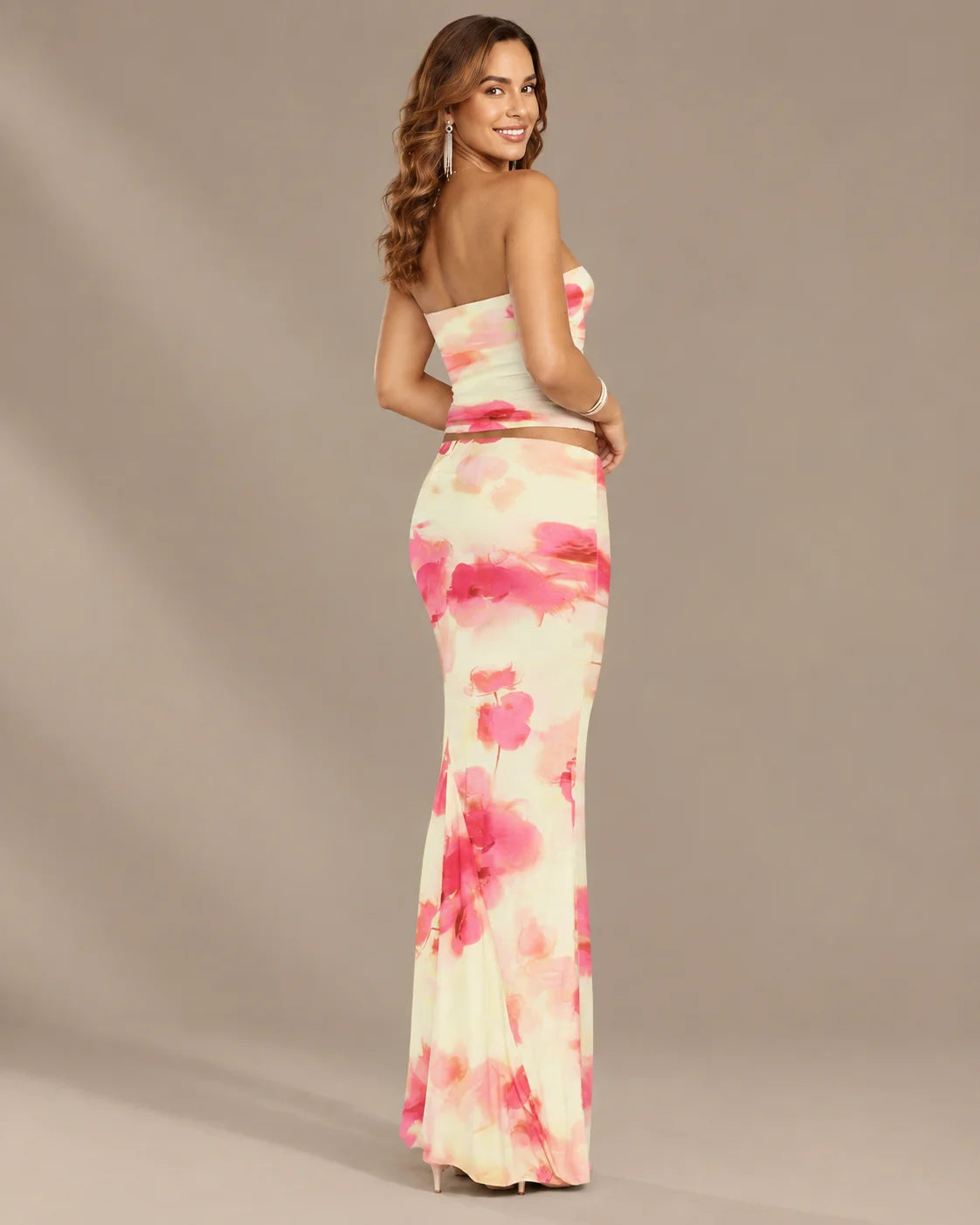 Watercolor Floral Strapless Top and Maxi Skirt Two Piece Set | Oyese