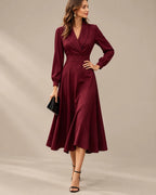 Shawl Collar Wrap Front Long Sleeve Flared Midi Dress | Oyese
